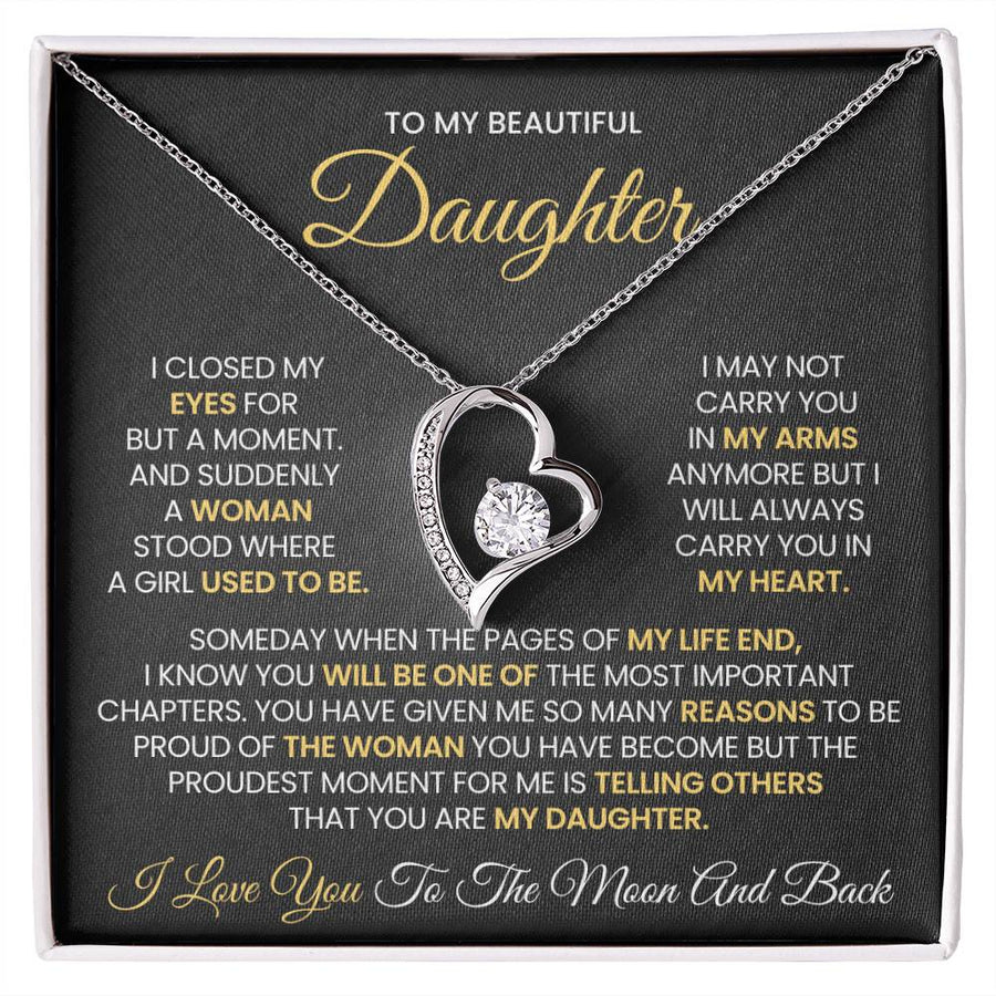 Silver heart Forever Love necklace displayed on a black daughter message card in a white box
