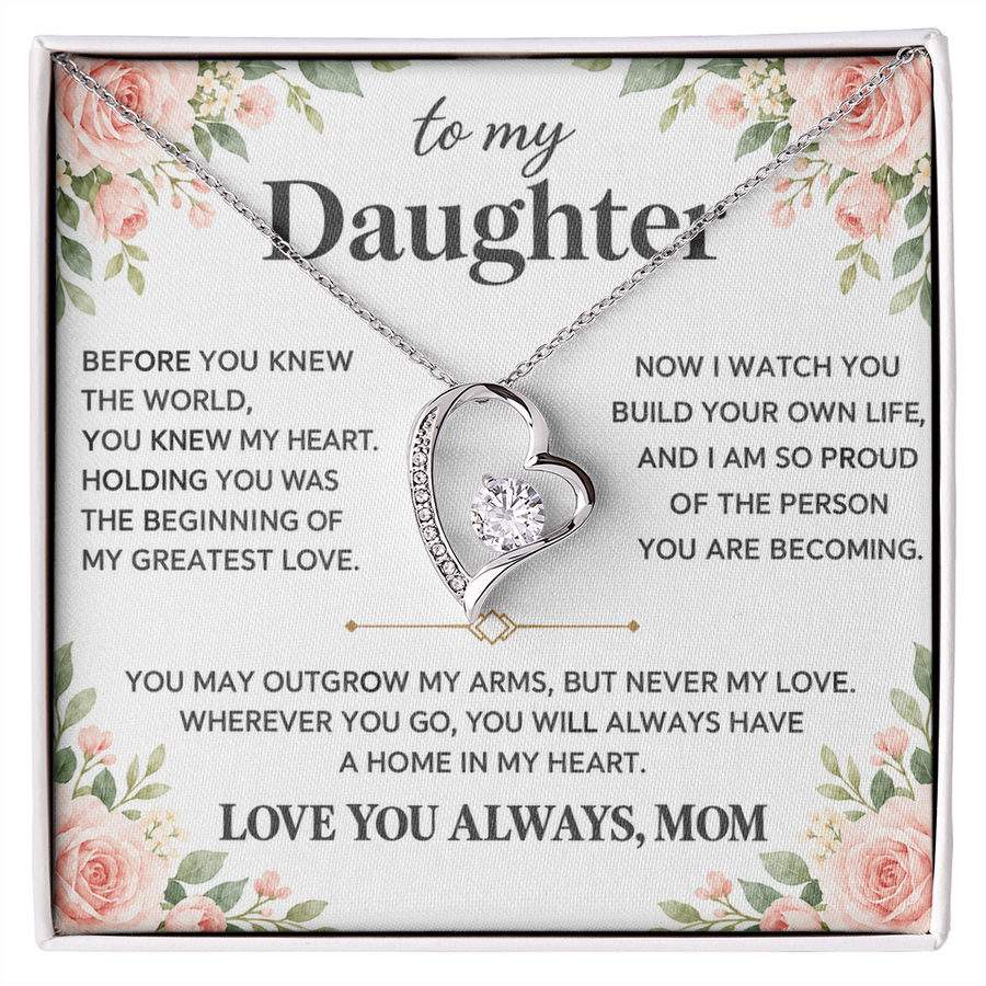 Heart pendant necklace displayed on a floral Daughter message card in a white presentation box.