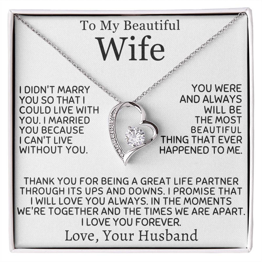 Silver heart Forever Love necklace displayed on a message card for a wife