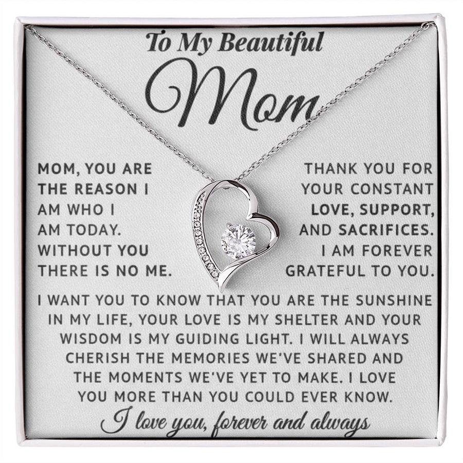 Silver heart Forever Love necklace displayed on a message card for Mom