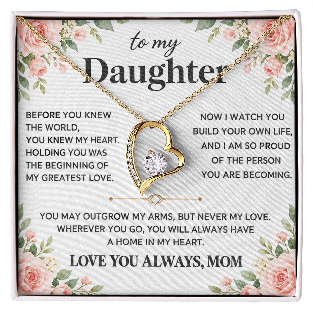 Gold-tone heart pendant necklace displayed on a floral Daughter message card in a white box.
