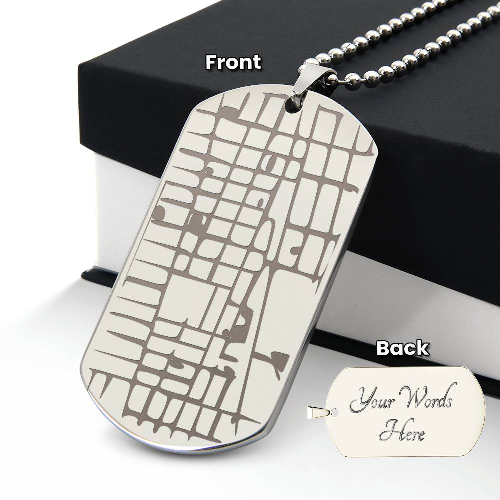 Silver map dog tag necklace showing front engraving and blank back placeholder