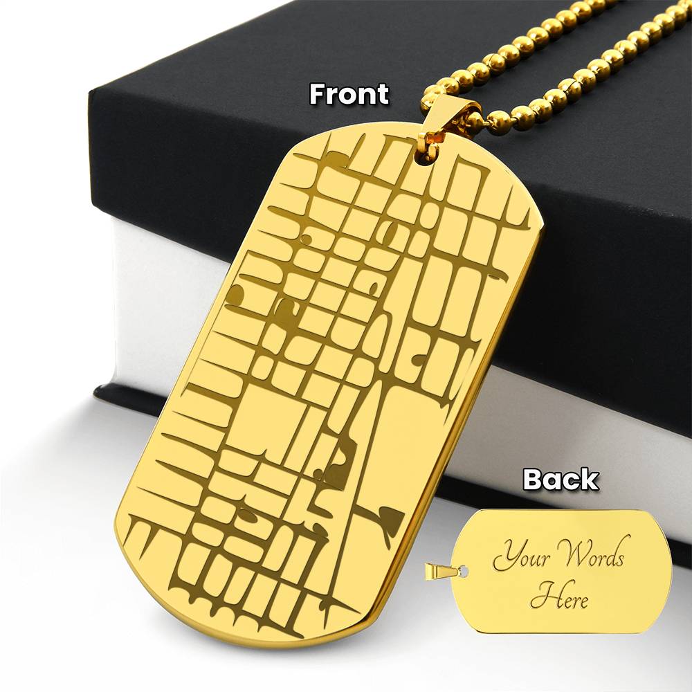 Gold map dog tag necklace showing front engraving and reverse placeholder