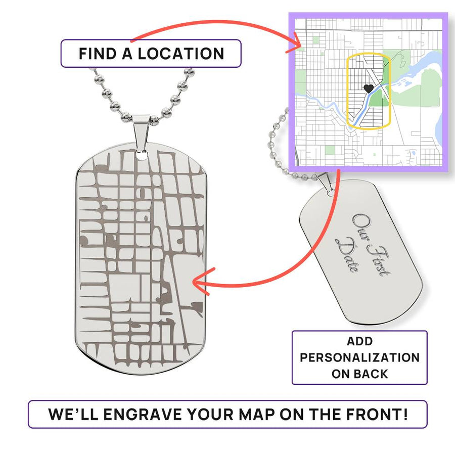 Silver-tone map dog tag necklace beside a location map and personalisation guide