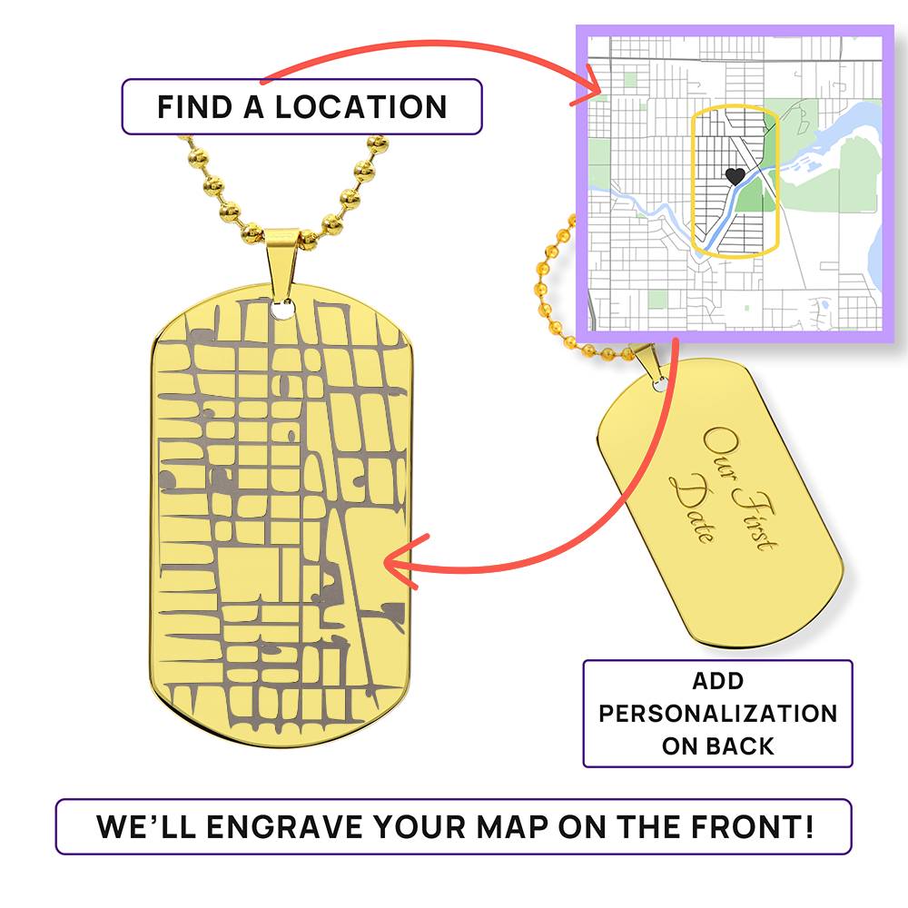 Gold-tone map dog tag necklace beside a location map and personalisation guide