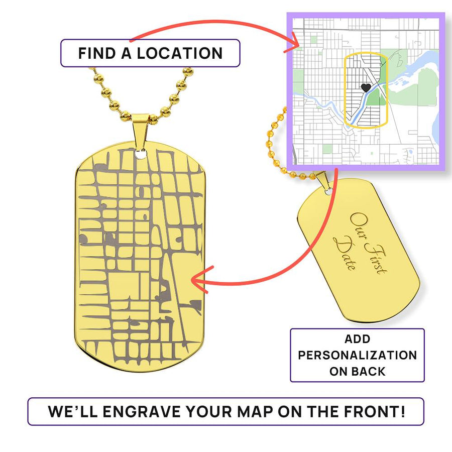 Gold-tone map dog tag necklace beside a location map and personalisation guide