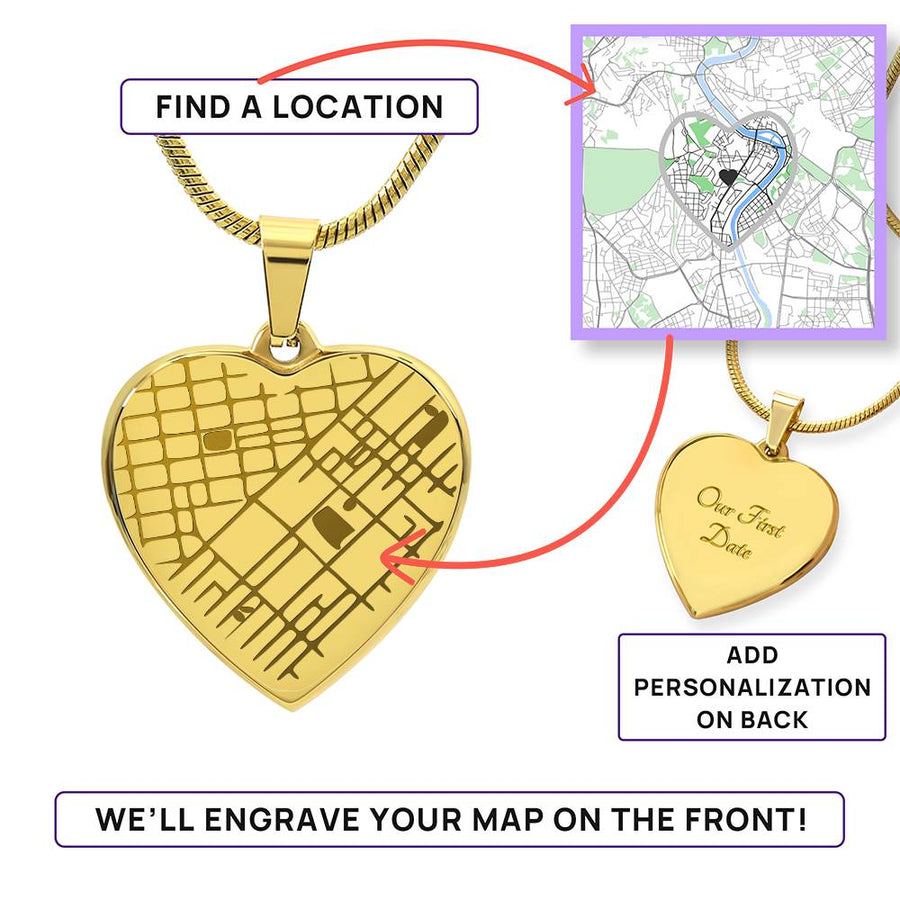 Gold heart necklace with an engraved map pendant and location selection illustration