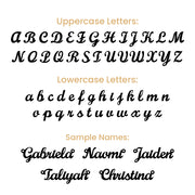 Personalisation font chart showing uppercase and lowercase letters and sample names.