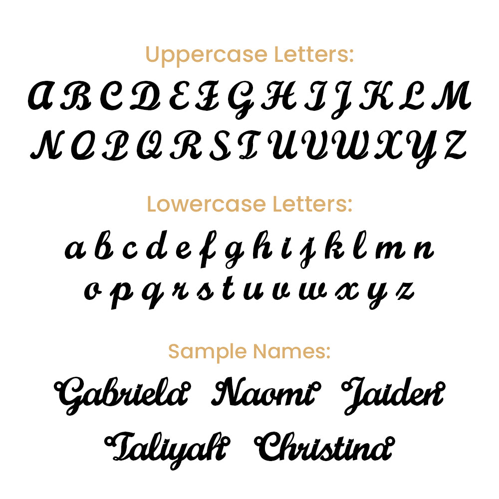 Personalisation font chart showing uppercase and lowercase letters and sample names.
