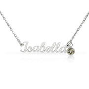Silver-tone necklace with the sample name Isabella and a clear birthstone charm on a white background.