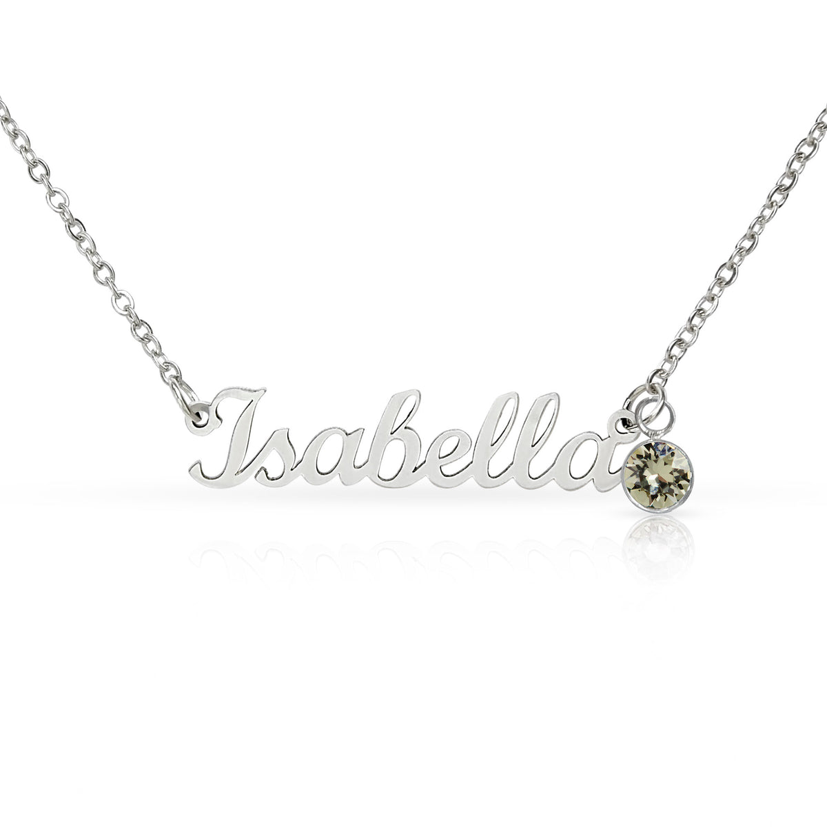 Silver-tone necklace with the sample name Isabella and a clear birthstone charm on a white background.