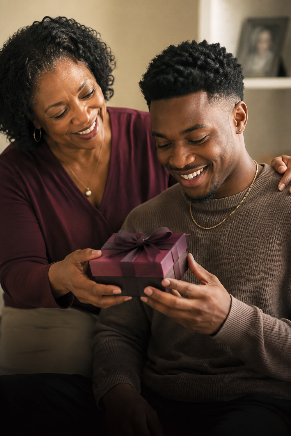 Mother giving a meaningful gift to her son